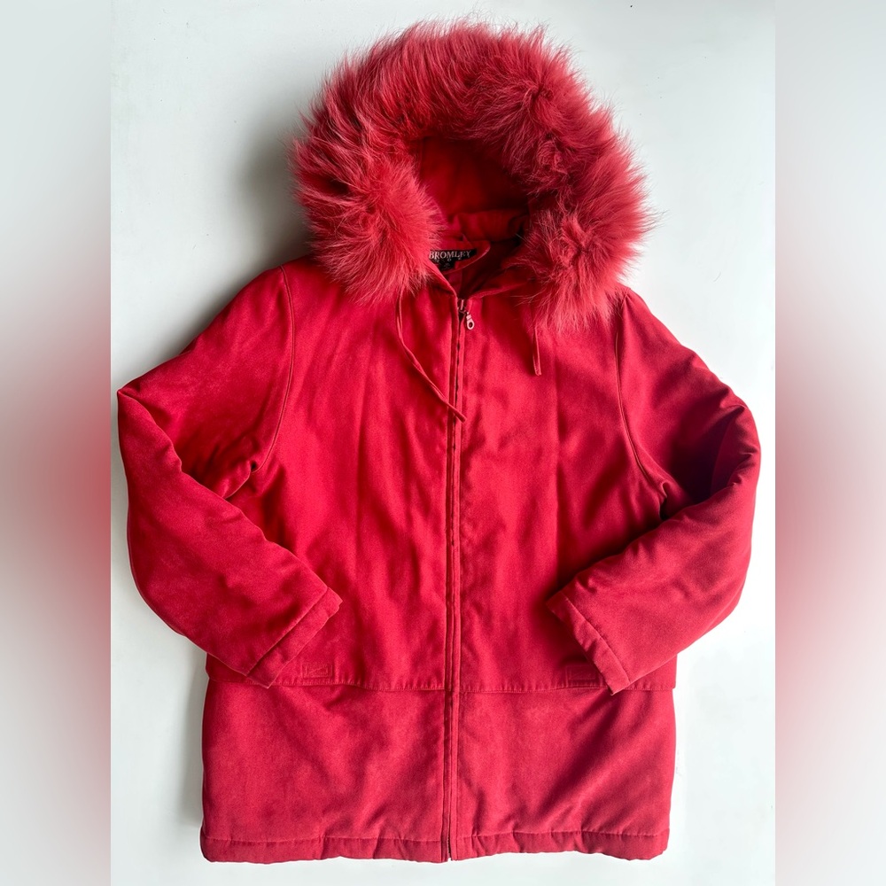 Bromley Sport Genuine Fox Fur Hood Winter Parka jacket, Red, Puffer lining, M